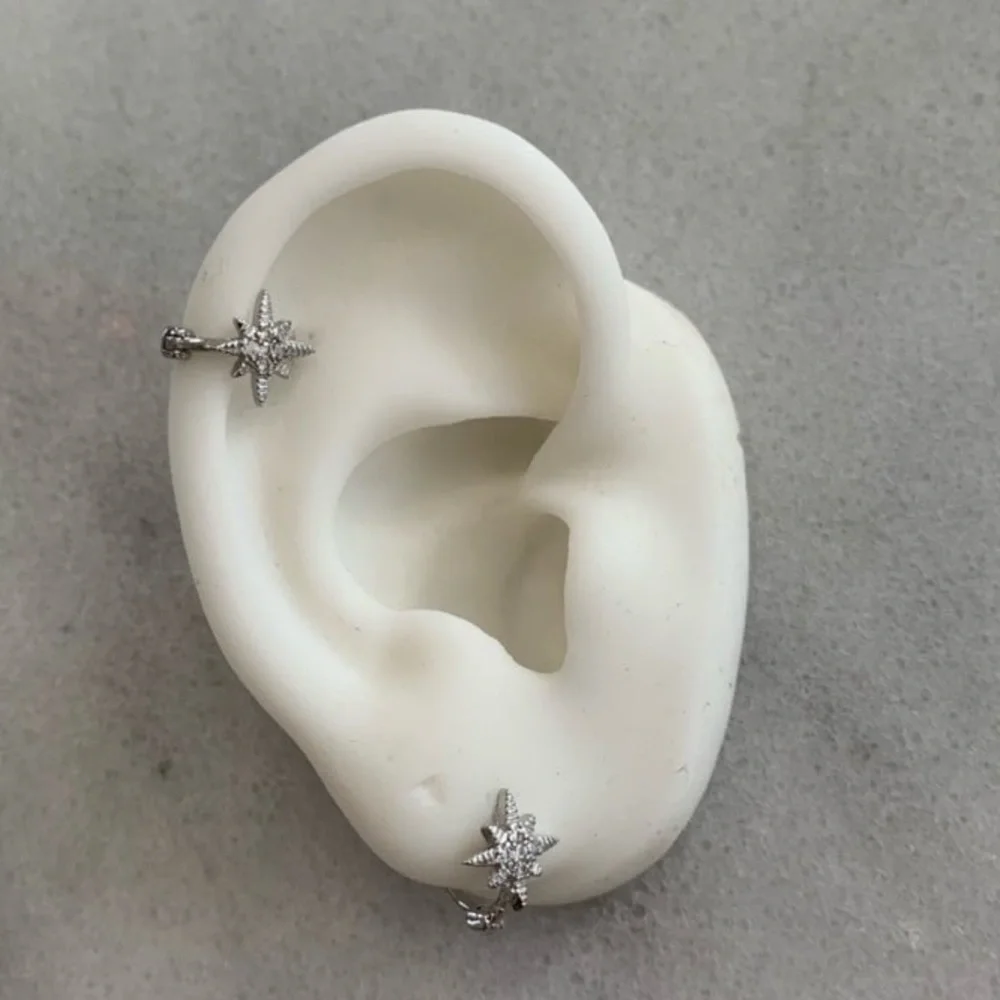 Silver Crystal Star Burst Small Huggie Hoop Earrings   Brand New